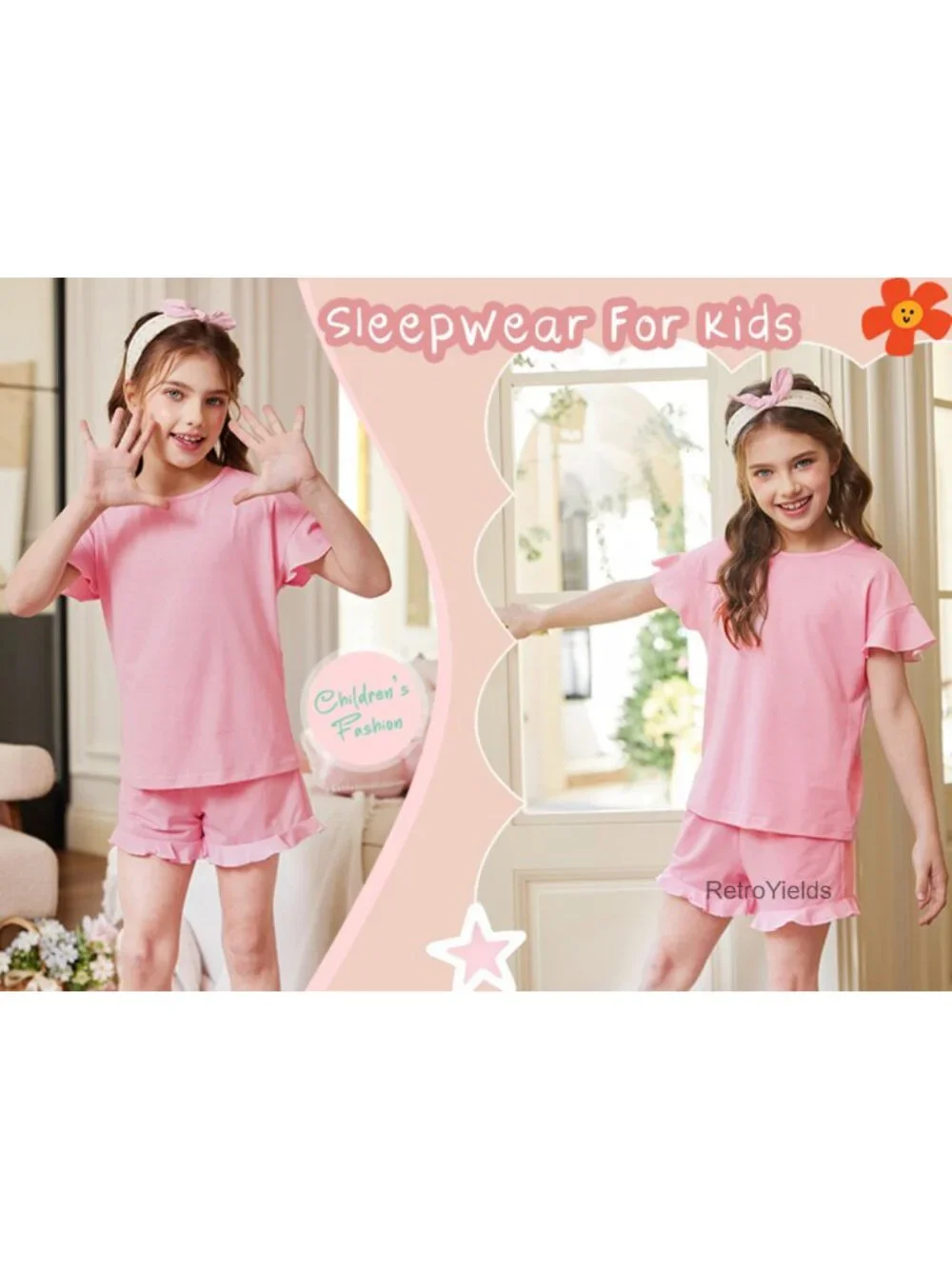 Girls Pajama Sets Short Sleeve Ruffle Sleepwear Soft Kids PJs 2 Piece